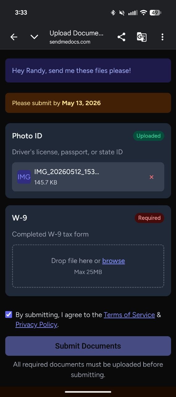 Example recipient upload page on a mobile phone